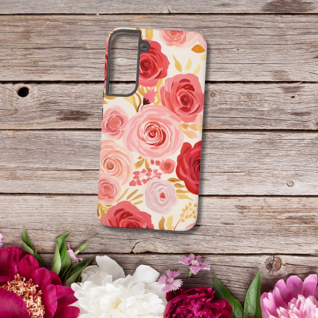 Coque Samsung Galaxy Aquarelle rose rouge Roses Fleurs florales (Red Pink Watercolor Roses Samsung Galaxy Phone case)