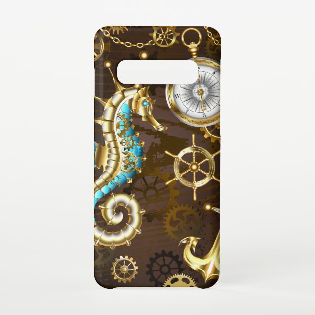 Coque Samsung Galaxy Arrière - plan en bois avec cheval de mer mécaniqu (Dos)