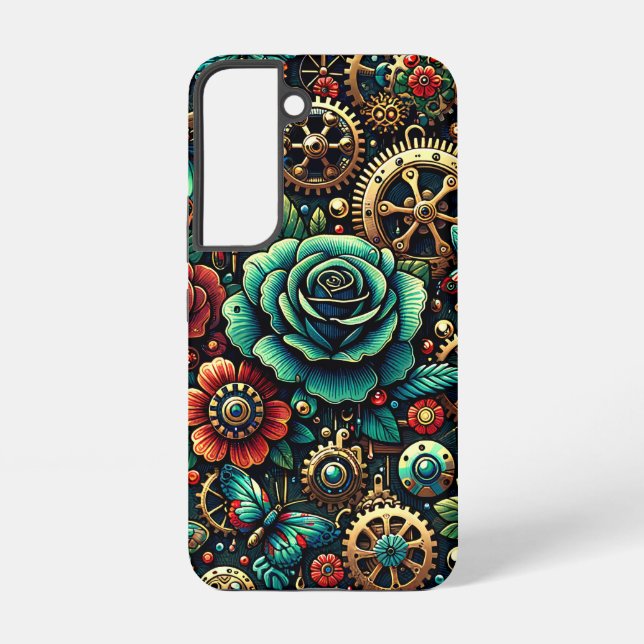 Coque Samsung Galaxy Beau Steampunk Gears à thème et Roses (Verso)