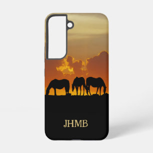 Coque Samsung Galaxy Beaux Chevaux au Coucher de Soleil Soir Initiales 