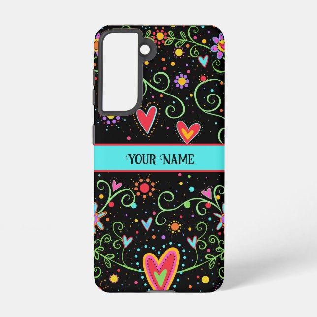 Coque Samsung Galaxy Black Floral Fun Coeurs Whimsical Personnalisé (Verso)