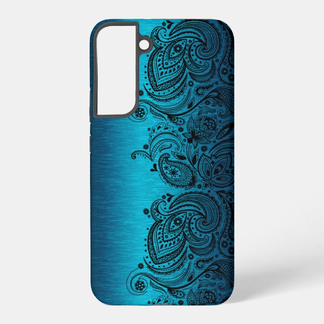 Coque Samsung Galaxy Bleu Aqua Métallurgique Avec Dentelle Paisley Noir (Verso)