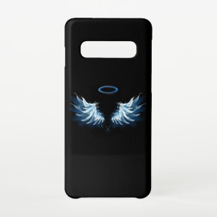 Coque Samsung Galaxy S10 Blue Glowing Angel Wings on black background