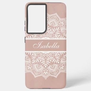 Coque Samsung Galaxy Boho Dusty Rose et White Mandala Nom personnalisé