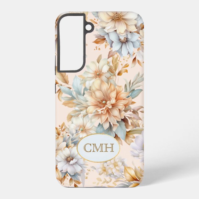 Coque Samsung Galaxy Boîtier téléphonique monogramme Pêche Floral bleu (Verso)