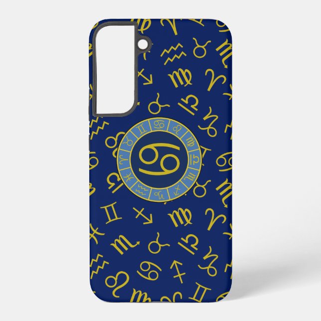 Coque Samsung Galaxy Cancer Zodiac+Astrologie Symboles Motif Gold+Blues (Verso)