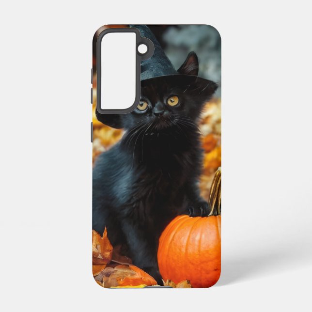 Coque Samsung Galaxy Chat noir d'Halloween et Citrouille (Verso)