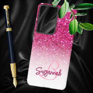 Coque Samsung Galaxy Chic Monogramme Rose Pailleté Ombre Prénom