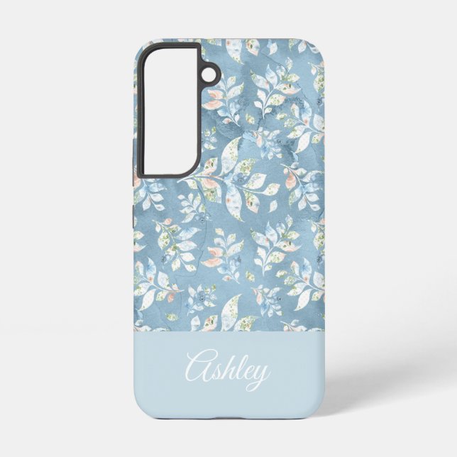 Coque Samsung Galaxy Chic Motif Feuille Bleue Pastel/Nom Personnalisé  (Verso)