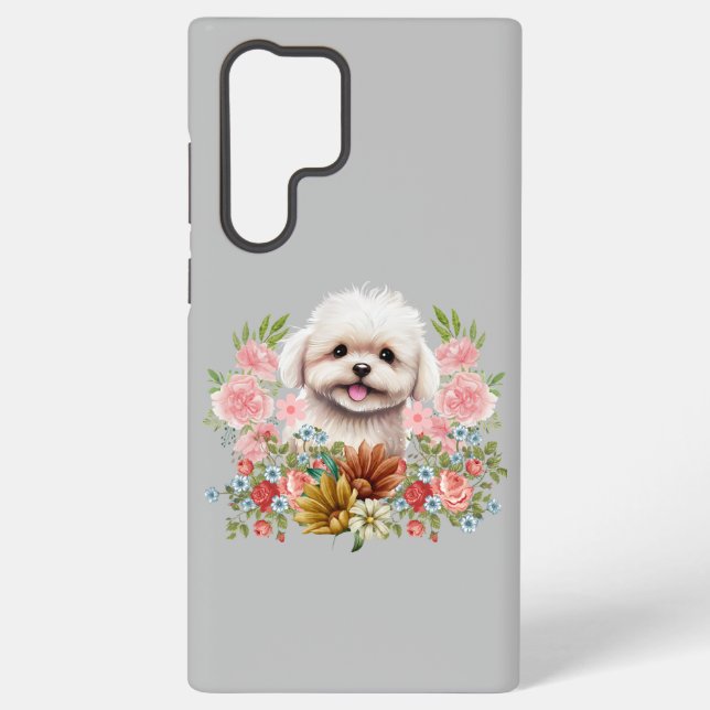 Coque Samsung Galaxy Chien maltais aux fleurs, Chien maltais mignon (Verso)