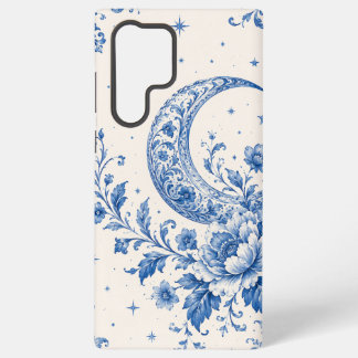Coque Samsung Galaxy Chinoiserie Céleste Bleu & Blanc Croissant de Lune