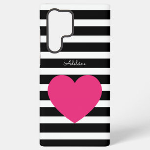 Coque Samsung Galaxy Cœur Rose Rayé Noir et Blanc Personnalisé Gras