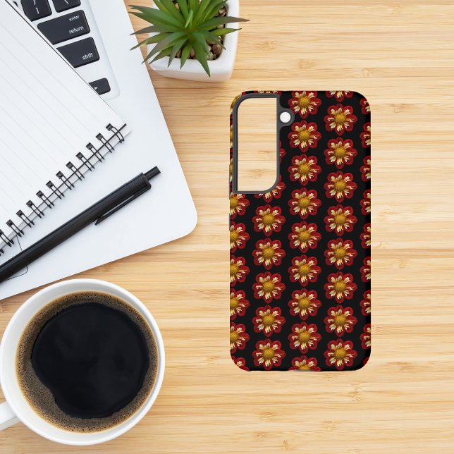 Coque Samsung Galaxy Collarette rouge Dahlia motifs floraux sur noir (In Situ)