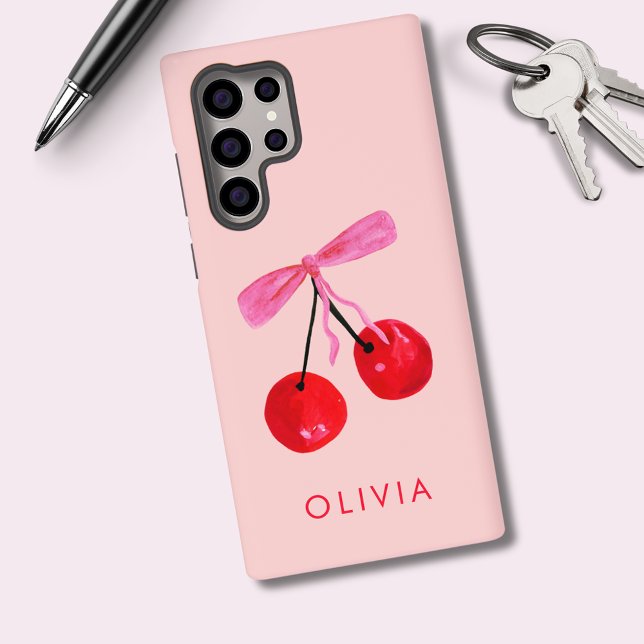 Coque Samsung Galaxy Coquette Cherry & Bow (Coquette cherry and bow girly Samsung phone case. Personalize with your own name or initials.)
