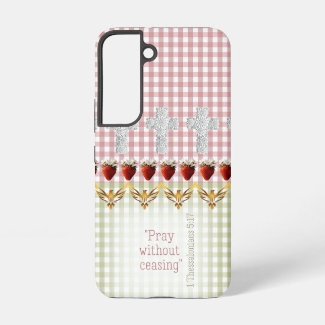 Coque Samsung Galaxy Cottagecore Pink Green Checks Cross Dove Scripture (Verso)