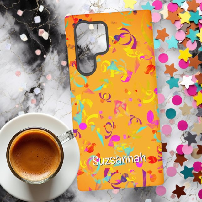 Coque Samsung Galaxy Couleur Confetti Toss Sur Orange Personnalisé (phone case back with template text)