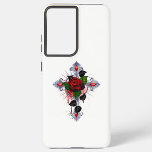 Coque Samsung Galaxy Croix d'argent avec une rose rouge