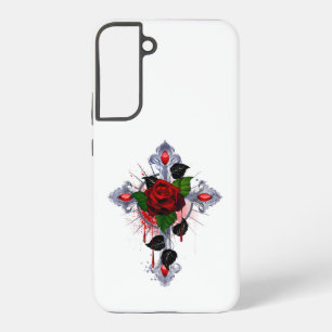 Coque Samsung Galaxy Croix d'argent avec une rose rouge