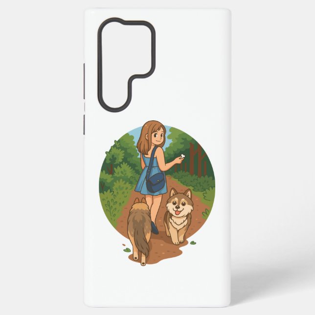 Coque Samsung Galaxy Cute Dog Mom Walking Puppies Forest Trail Illustra (Verso)