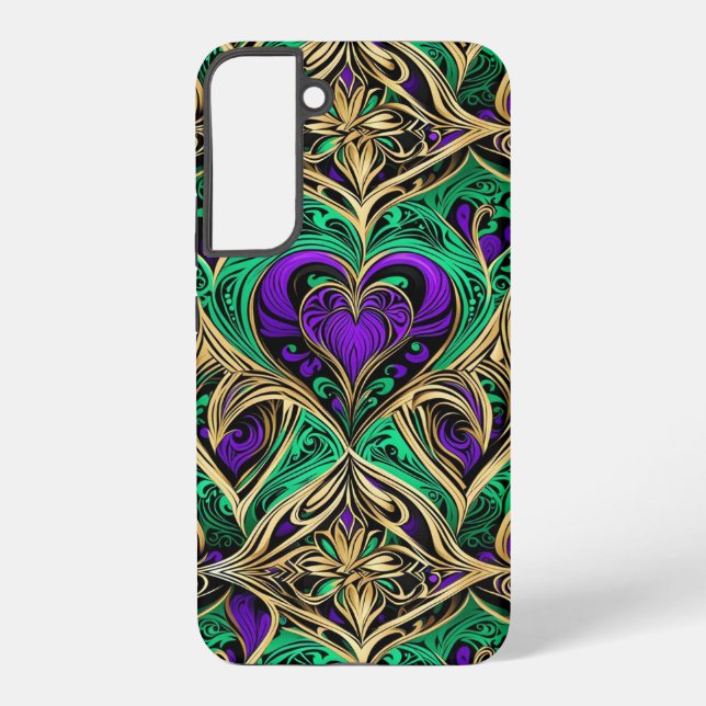 Coque Samsung Galaxy Damask Hearts Gold Black Purple Emerald (Verso)