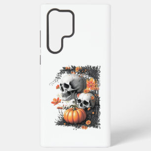 Coque Samsung Galaxy Deux crânes et un citrouille parmi les fleurs.