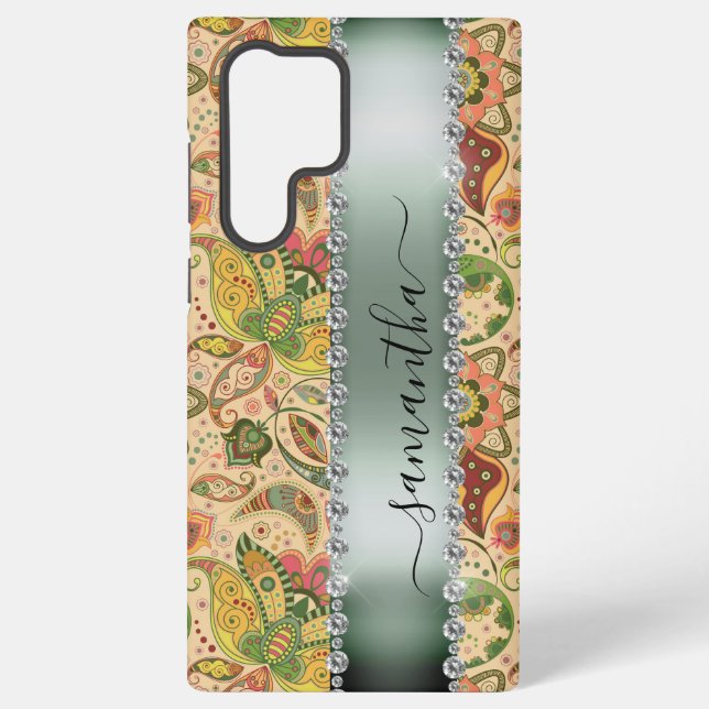 Coque Samsung Galaxy Diamant Green Paisley Calligraphie Nom du monogram (Verso)