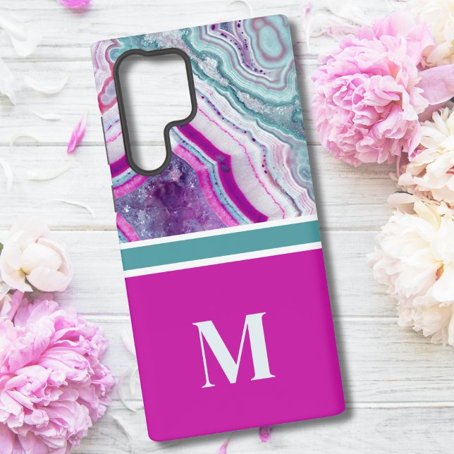 Coque Samsung Galaxy Élégant Chic Monogramme Initiale  (Chic Teal Magenta Fuchsia Stone Monogram Initial Samsung Galaxy S22 Ultra Case)