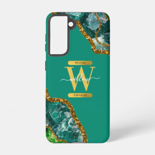 Coque Samsung Galaxy Emerald Green & Gold Agate Géode Monogramme