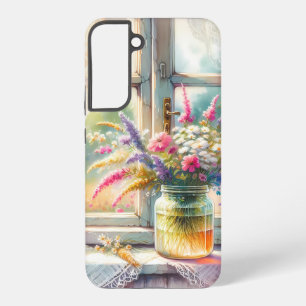 Coque Samsung Galaxy Fenêtre de cottage ensoleillée avec fleurs sauvage