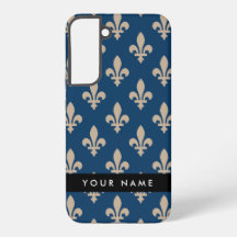 Fleur de Lis, Beige sur Fond Bleu Marine, Royal, V