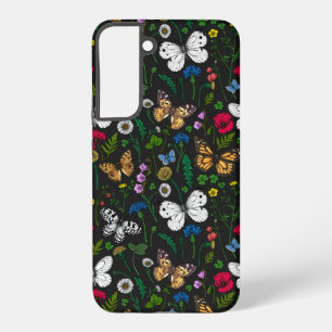 Coque Samsung Galaxy Fleurs sauvages et papillons sur le noir