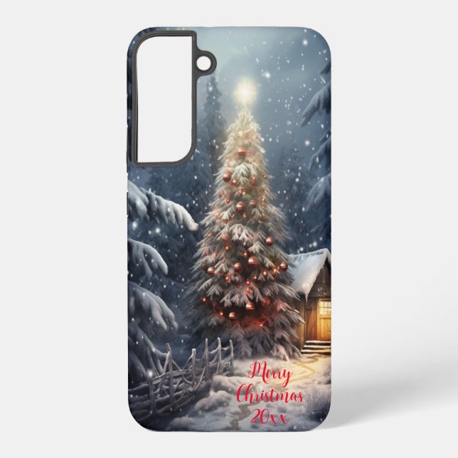 Coque Samsung Galaxy Forêt magique Neige hiver Joyeux sapin de Noël (Verso)