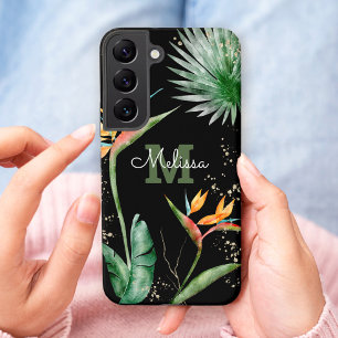Coque Samsung Galaxy Ile tropicale Monogramme Floral Script Or Noir