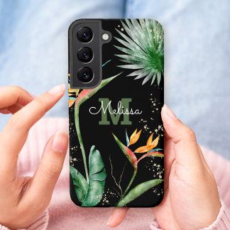 Coque Samsung Galaxy Ile tropicale Monogramme Floral Script Or Noir