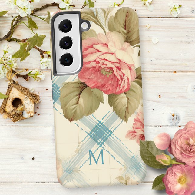 Coque Samsung Galaxy Jolie ferme Monogramme Rustique Roses Rose (Créateur téléchargé)