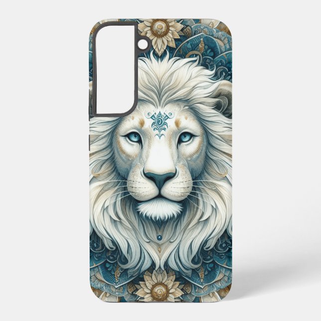 Coque Samsung Galaxy Majestic White Lion Head Turquoise Blue Mandala (Verso)