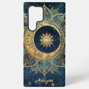 Coque Samsung Galaxy Mandala personnalisé bleu céleste soleil lune or 