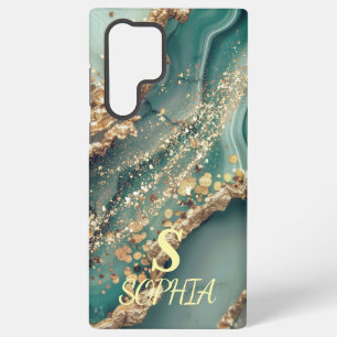 Coque Samsung Galaxy Marbre vert chic monogramme paillettes dorées