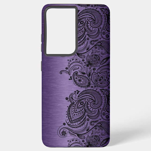 Coque Samsung Galaxy Métallurgique Violet Avec Dentelle De Paisley Noir (Verso)