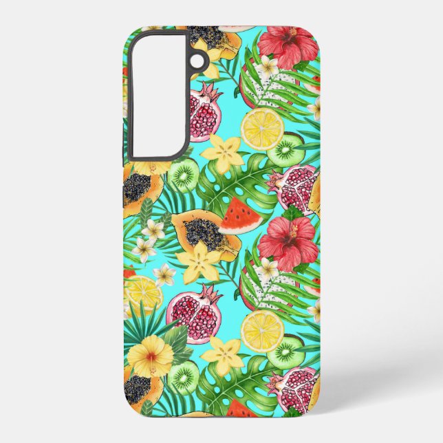 Coque Samsung Galaxy Mix-fruit tropical, fleurs et feuilles en bleu (Verso)