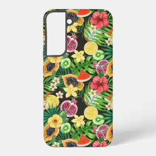 Coque Samsung Galaxy Mix-fruits tropicaux, fleurs et feuilles en noir