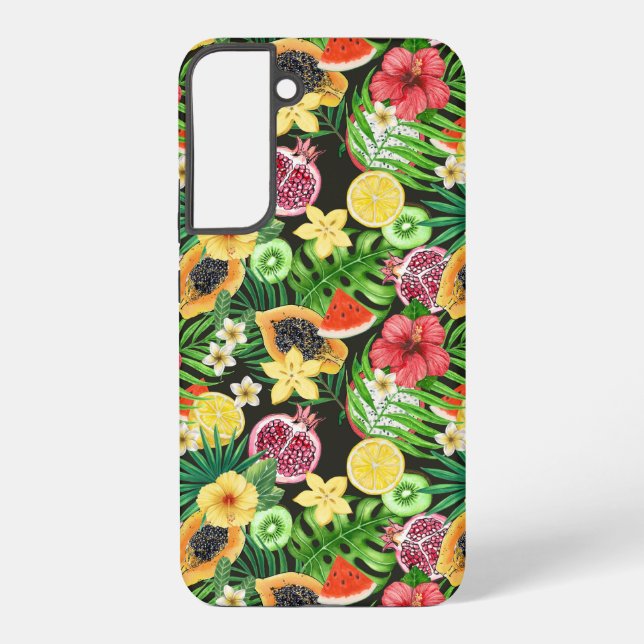 Coque Samsung Galaxy Mix-fruits tropicaux, fleurs et feuilles en noir (Verso)