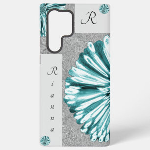 Coque Samsung Galaxy Moderne Élégant Marbré Diamant Fleur Turquoise