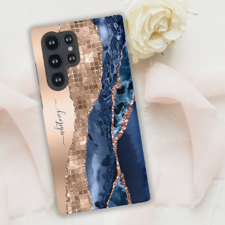 Coque Samsung Galaxy Moderne Indigo Blue Agate & Rose Gold Confetti Lea