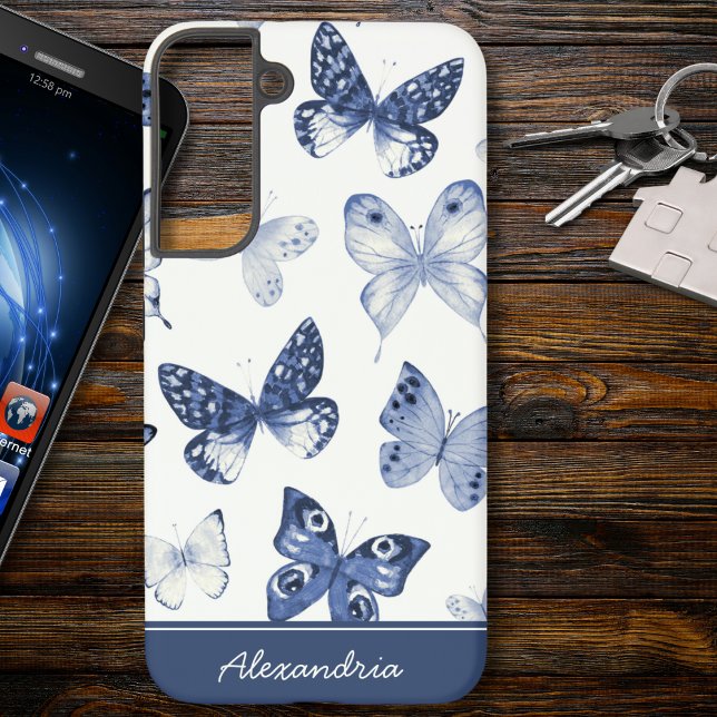 Coque Samsung Galaxy Monogramme de papillon bleu et blanc (Créateur téléchargé)