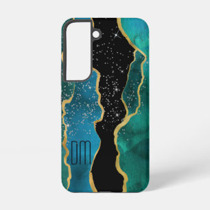 Coque Samsung Galaxy Monogramme d'étincelle Turquoise bordure or