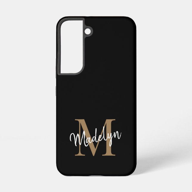 Coque Samsung Galaxy Monogramme d'or noir moderne Nom du script féminin (Verso)