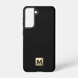Coque Samsung Galaxy Monogramme or de luxe en cuir noir