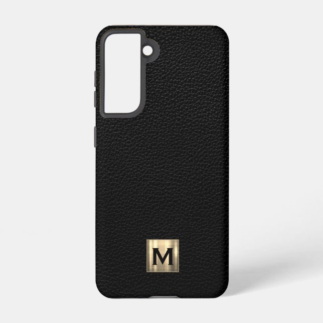 Coque Samsung Galaxy Monogramme or de luxe en cuir noir (Verso)