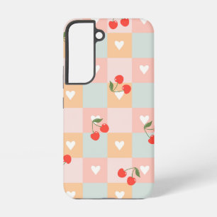 Coque Samsung Galaxy Motif à carreaux pastel cerise et cœur